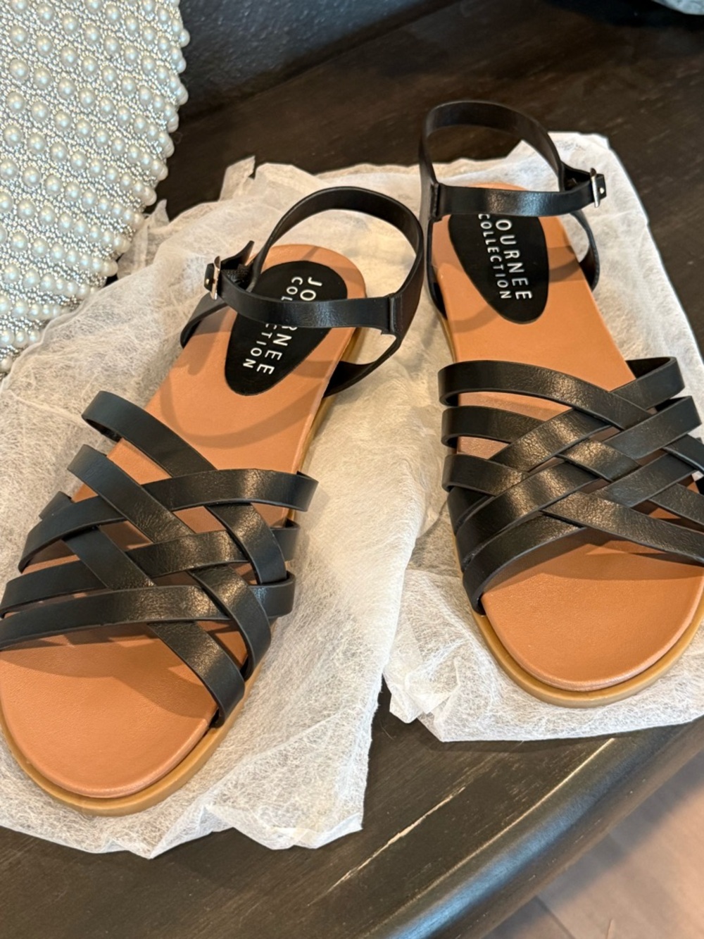 Journee Collection Black Strappy Ankle‑Buckle Sandals